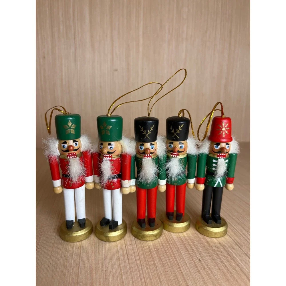 Vintage Wooden Nutcracker Soldier Christmas Ornament Set Red Green 5pc
